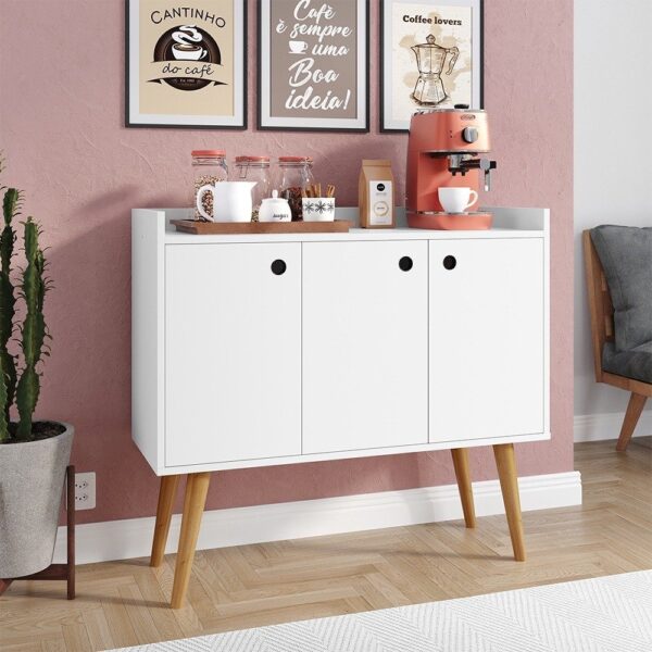Aparador Buffet Wood Prime 3 Portas Cantinho Café Prateleira Organizadora Pés Palito Decoração Retrô – Branco – Rpm - Aparador Decorativo para Sala | Buffet com Portas | Cantinho do Café | Estilo Retrô - Image 5