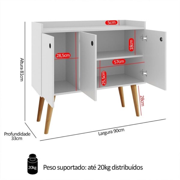 Aparador Buffet Wood Prime 3 Portas Cantinho Café Prateleira Organizadora Pés Palito Decoração Retrô – Branco – Rpm - Aparador Decorativo para Sala | Buffet com Portas | Cantinho do Café | Estilo Retrô - Image 2