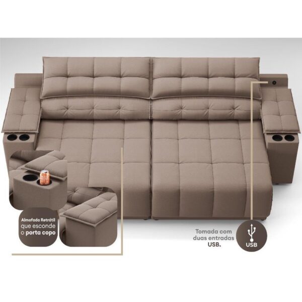 Sofá com Porta Copos Carregador USB Retrátil Reclinável Samurai 2 mt Velosuede Marrom netsofas - Image 2