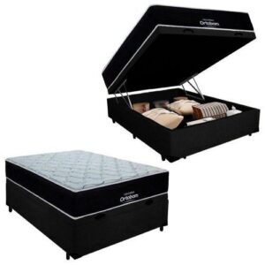 Cama Box Baú Casal Suede + Colchão Airtech Molas Ensacadas Antares Ortobom 138x188x71 Cor preto - Cor Preto