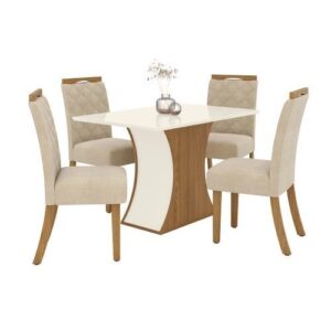 Conjunto de Mesa de Jantar Luna I com Vidro e 6 Cadeiras Grécia Veludo Creme e Off White - Cor Off White | Com Porta de Vidro