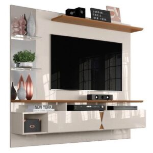 Painel para TV com Bancada Suspensa 55 Pol. Intense Off WhiteDamasco – Lukaliam Móveis - Cor Off White | Painel para TV