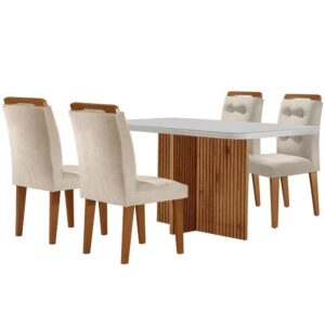 Sala De Jantar Mesa Olímpia 120cm Mdf Vidro Canto Copo Com 4 Cadeiras Creme, Off White E Imbuia - Cor Off White | Com Porta de Vidro