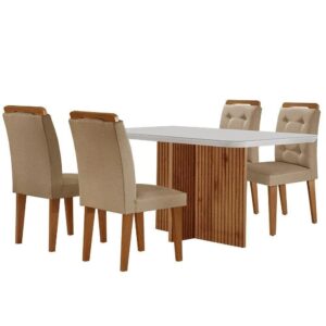Sala De Jantar Mesa Olímpia 120cm Mdf Vidro Canto Copo Com 4 Cadeiras Turim  Off White  Imbuia - Cor Off White | Com Porta de Vidro