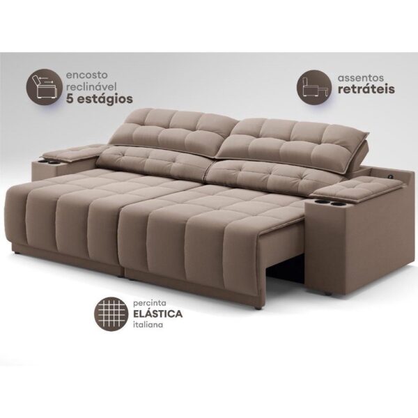 Sofá com Porta Copos Carregador USB Retrátil Reclinável Samurai 2 mt Velosuede Marrom netsofas - Image 4