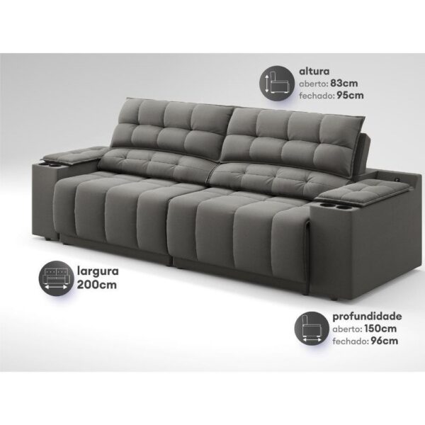 Sofá com Porta Copos Carregador USB Retrátil Reclinável Samurai 2 mt Velosuede Cinza netsofas - Image 3