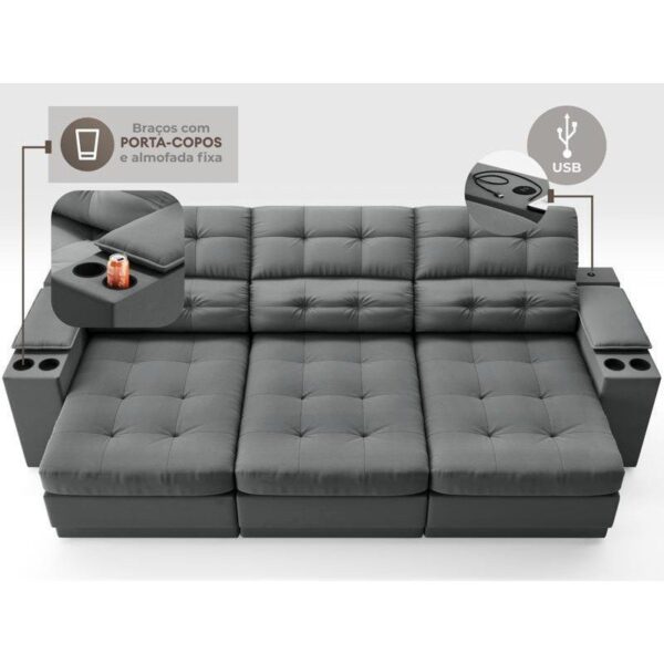 Sofá com Porta Copos e Carregador USB Eureka 2,30m Assento Retrátil e Reclinável Velosuede Grafite – netsofas - Image 3