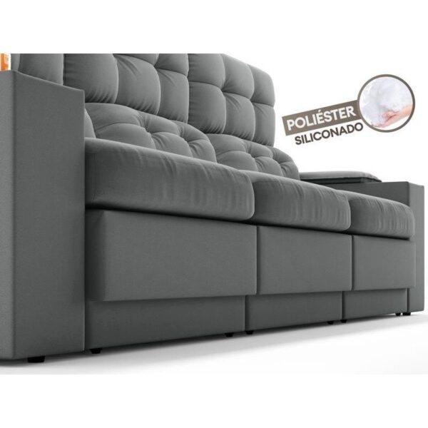 Sofá com Porta Copos e Carregador USB Eureka 2,30m Assento Retrátil e Reclinável Velosuede Grafite – netsofas - Image 4