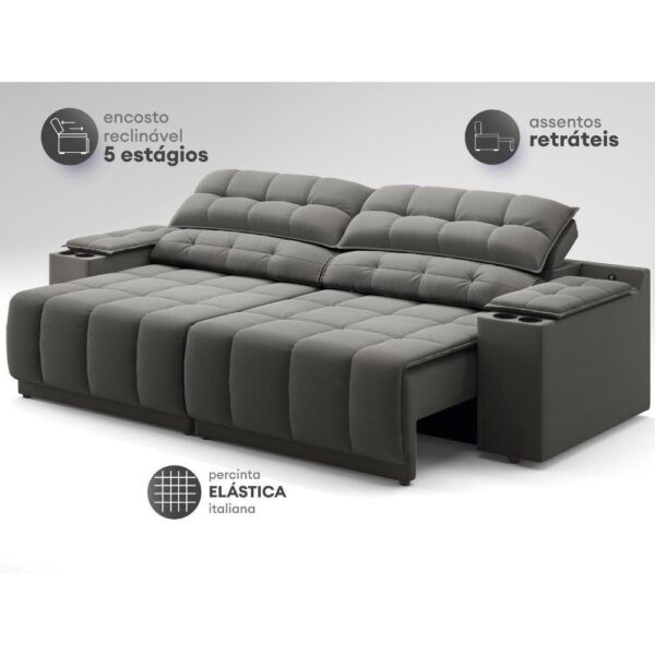 Sofá com Porta Copos Carregador USB Retrátil Reclinável Samurai 2 mt Velosuede Cinza netsofas - Image 4