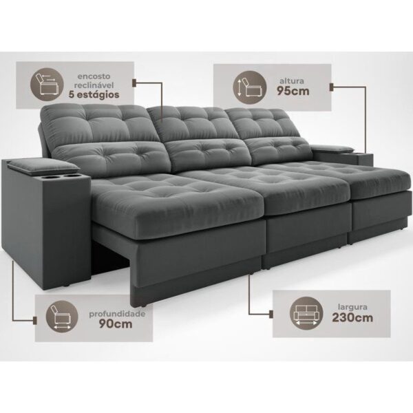 Sofá com Porta Copos e Carregador USB Eureka 2,30m Assento Retrátil e Reclinável Velosuede Grafite – netsofas - Image 2