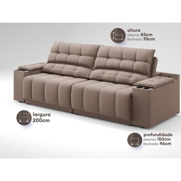 Sofá com Porta Copos Carregador USB Retrátil Reclinável Samurai 2 mt Velosuede Marrom netsofas - Image 3